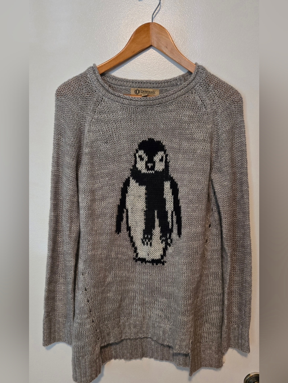 Democracy Gray Crewneck Sweater with Black Penguin Motif